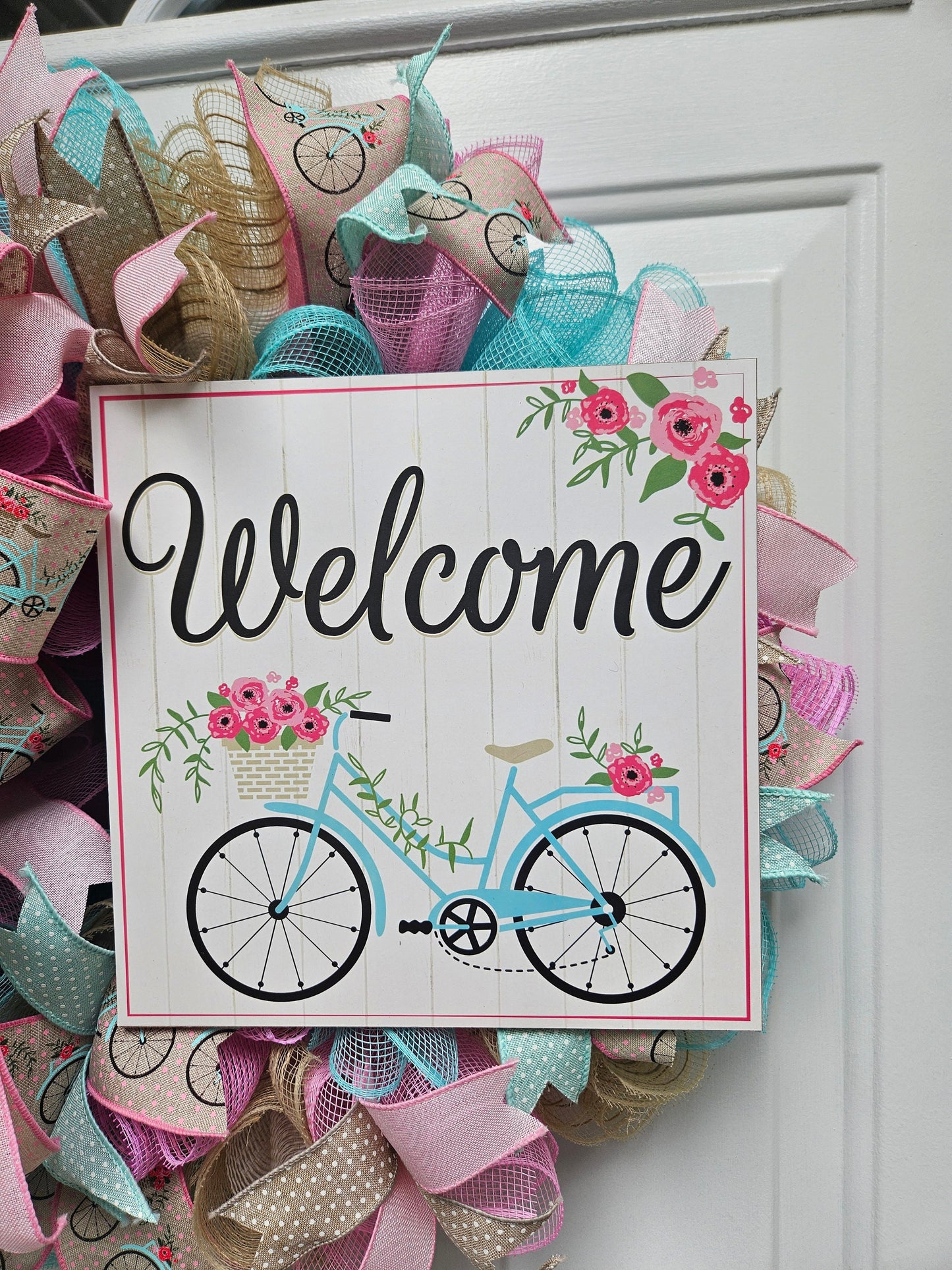 Welcome Wreath, Bike Wreath, Summer Wreath, Spring Wreath, Wreath for Front Door, Gift for Her