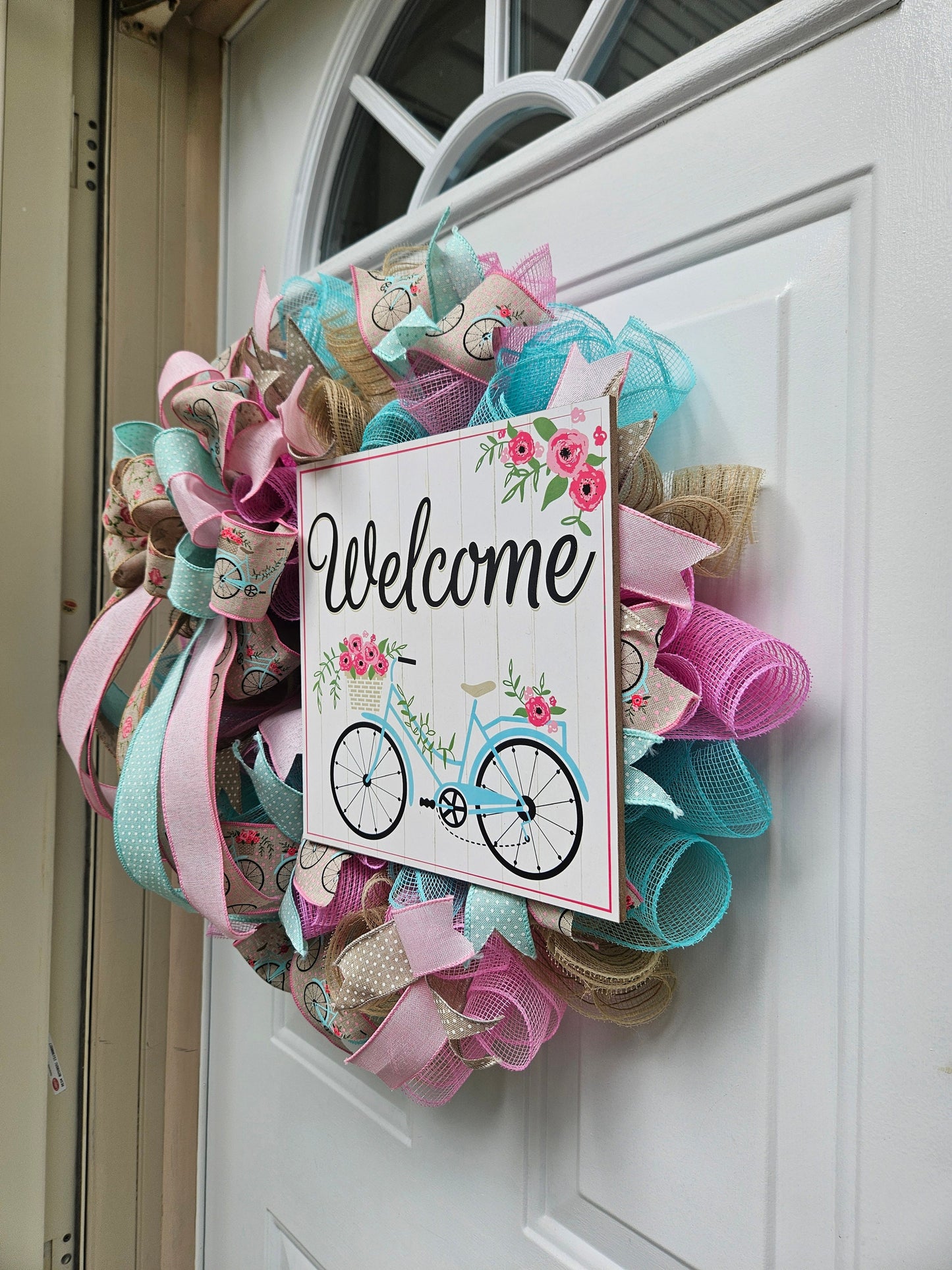 Welcome Wreath, Bike Wreath, Summer Wreath, Spring Wreath, Wreath for Front Door, Gift for Her