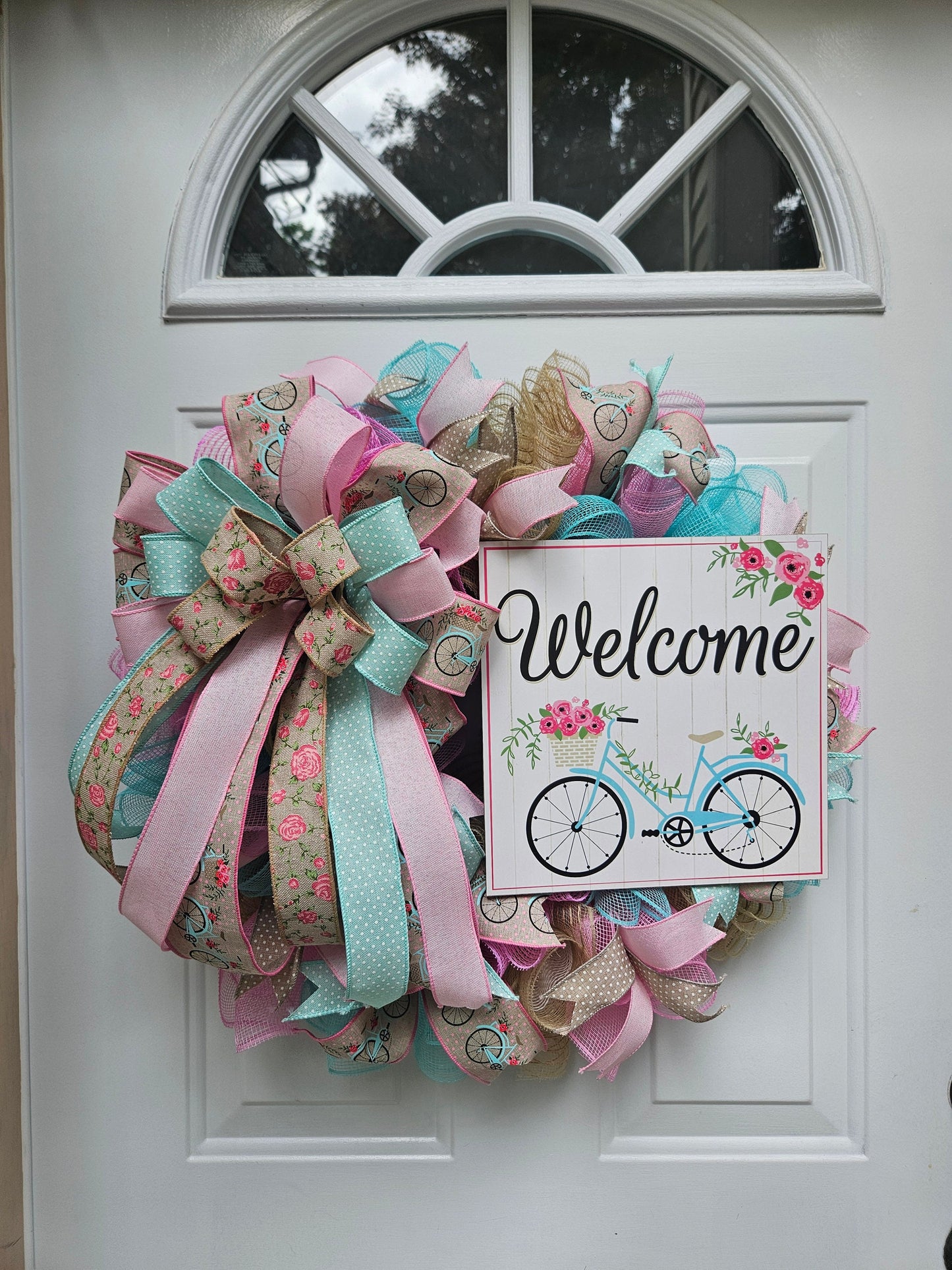 Welcome Wreath, Bike Wreath, Summer Wreath, Spring Wreath, Wreath for Front Door, Gift for Her