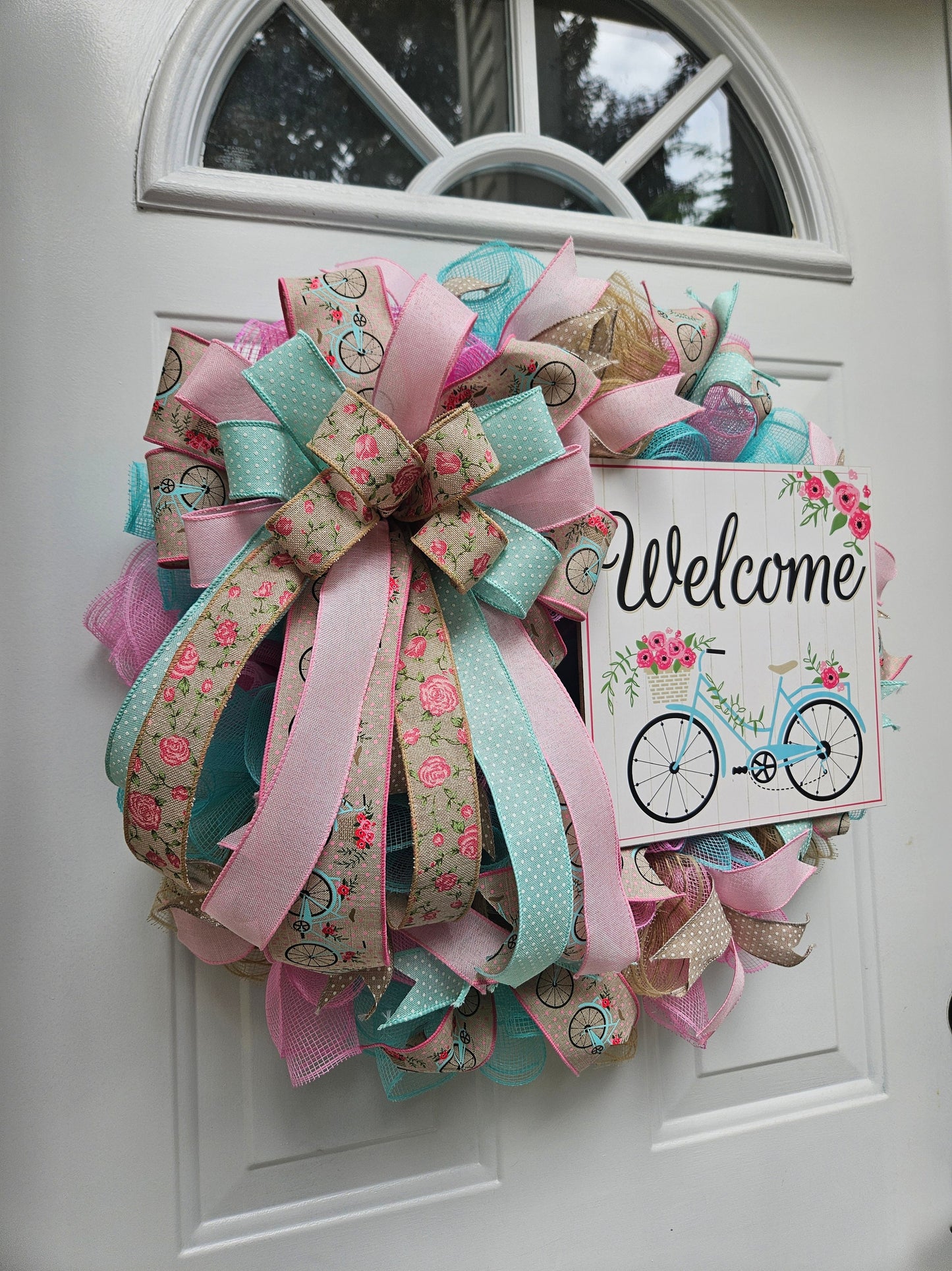 Welcome Wreath, Bike Wreath, Summer Wreath, Spring Wreath, Wreath for Front Door, Gift for Her
