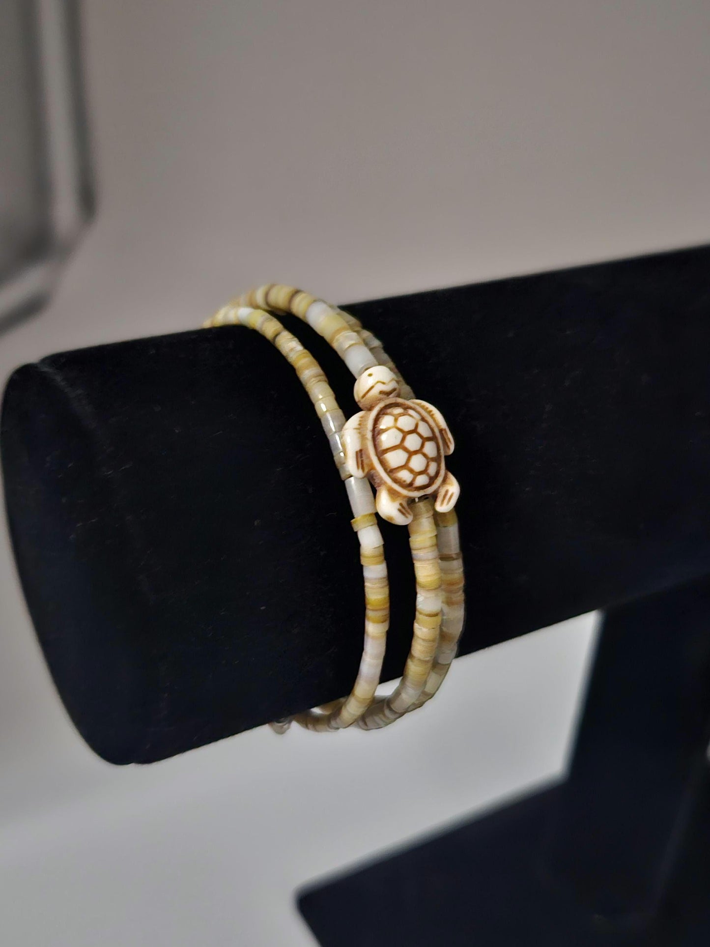 Sea Turtle Small Shell Bead Mother of Pearl Wrap Bracelet, Memory Wire Bracelet