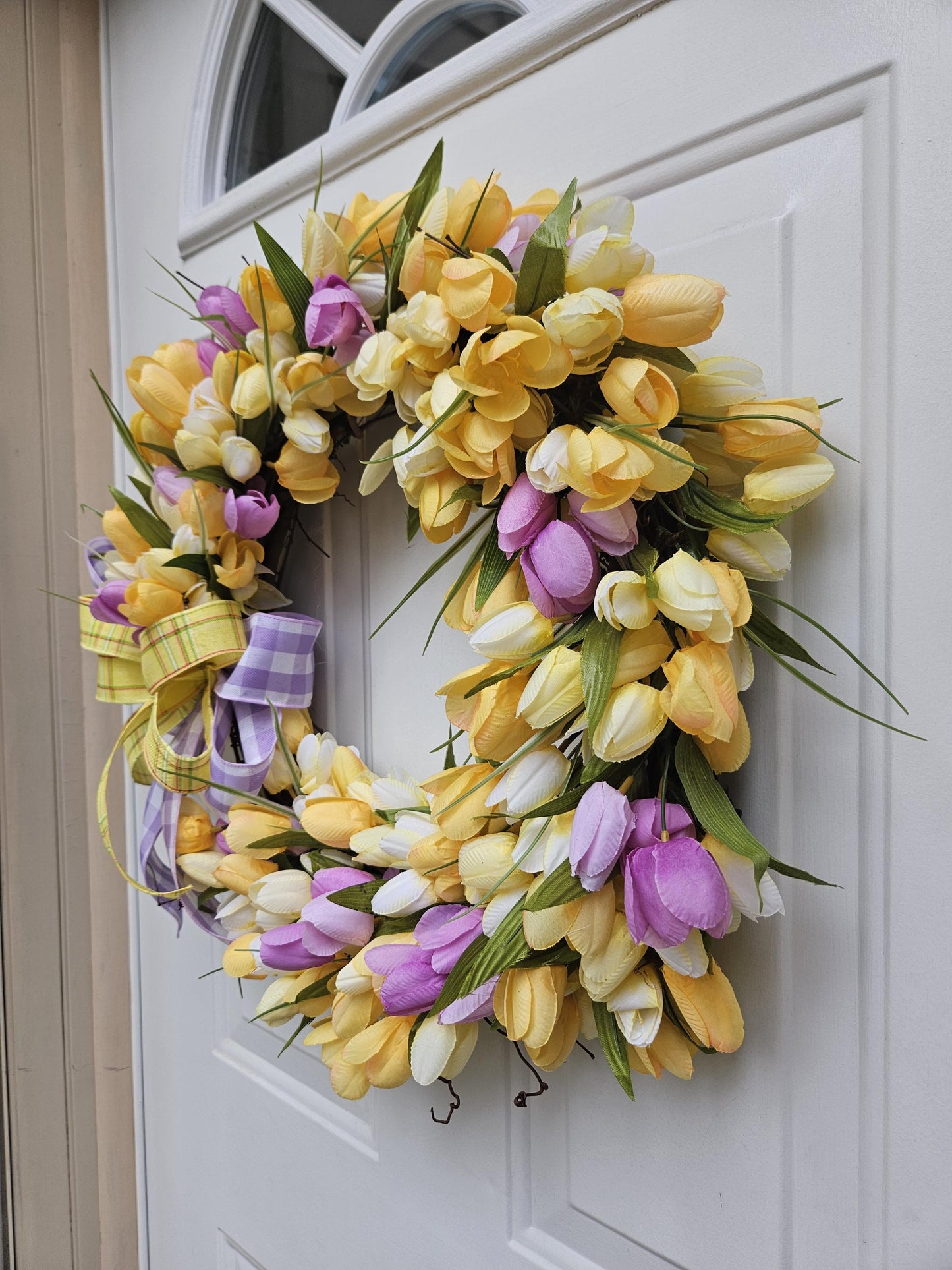 Yellow and Purple Tulip Wreath, Spring Wreath, Grapevine Wreath, Spring Floral Wreath
