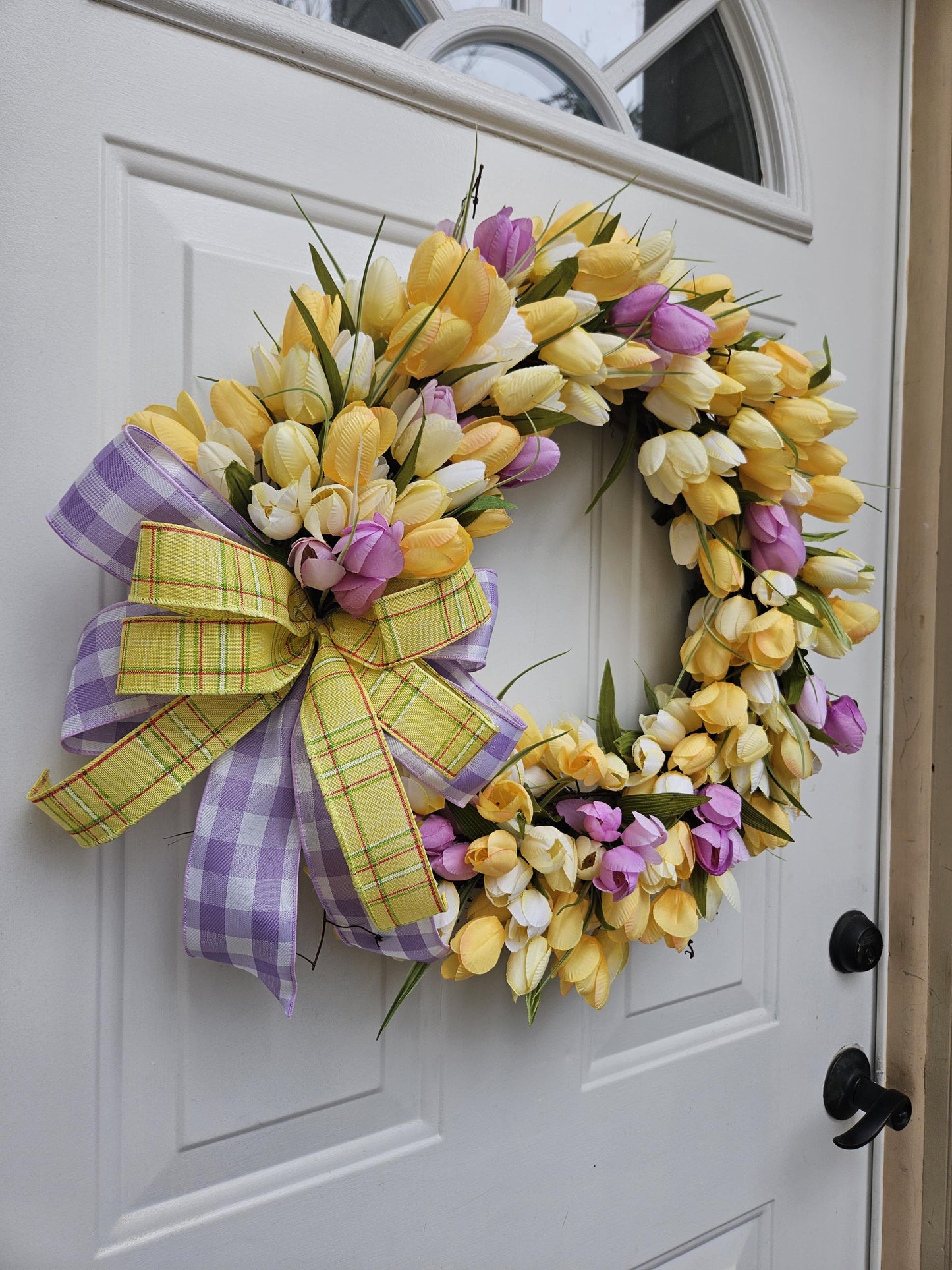 Yellow and Purple Tulip Wreath, Spring Wreath, Grapevine Wreath, Spring Floral Wreath