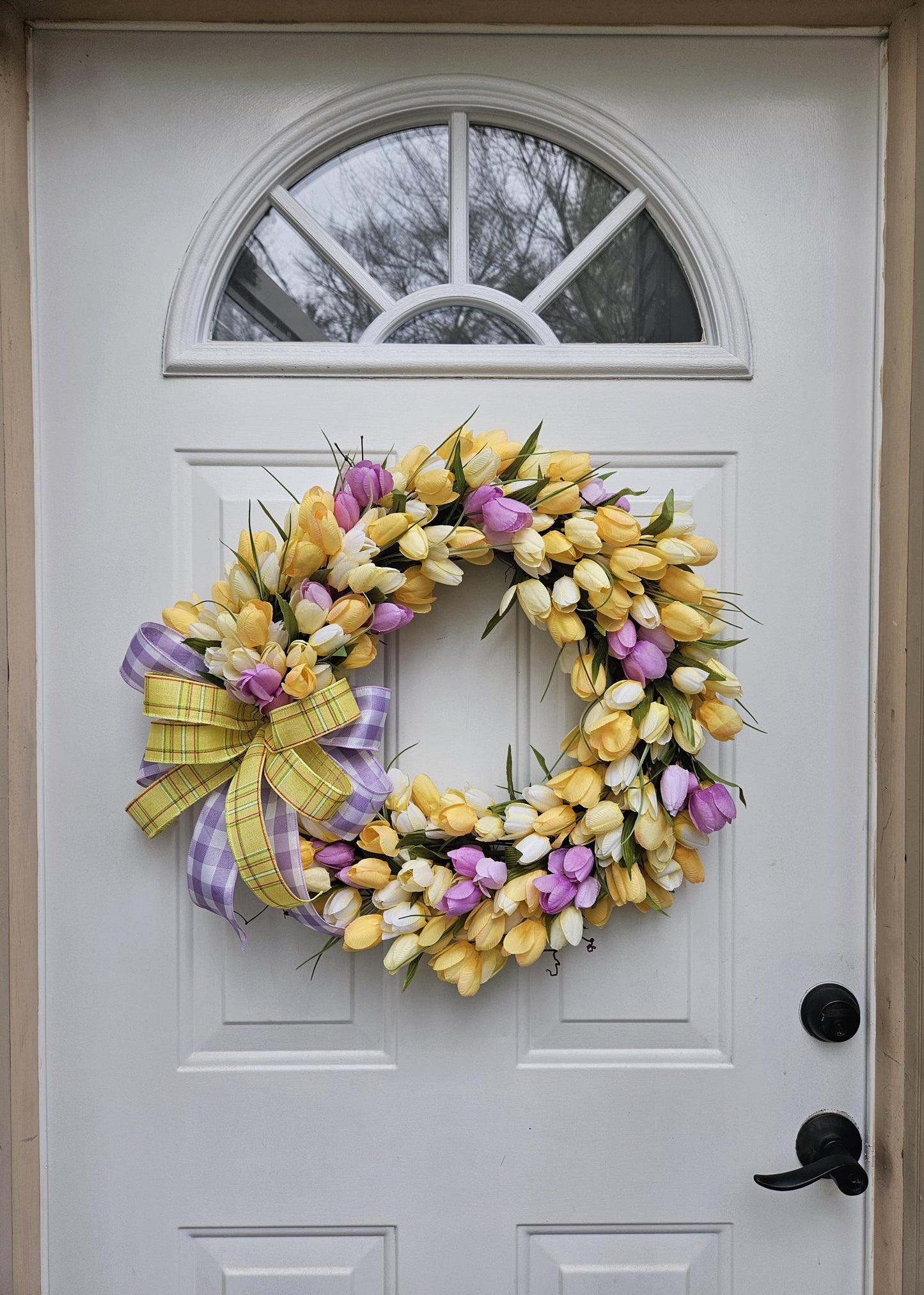 Yellow and Purple Tulip Wreath, Spring Wreath, Grapevine Wreath, Spring Floral Wreath