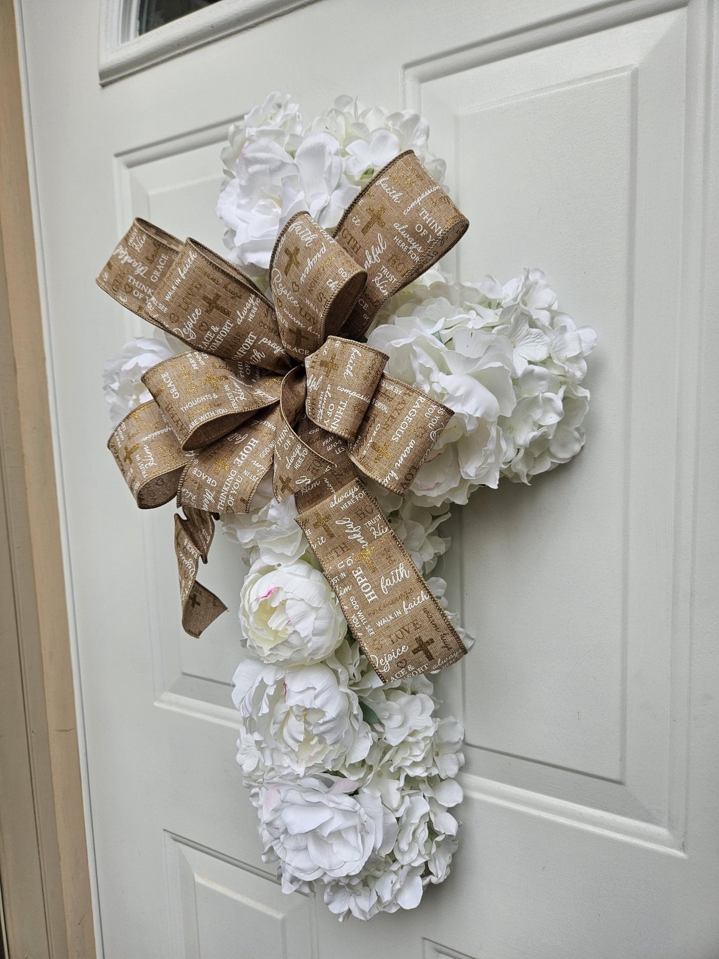 White Floral Cross Wreath, Religious Wreath, Easter Wreath, Spring Wreath
