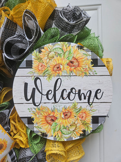 Sunflower Buffalo Check Welcome Wreath