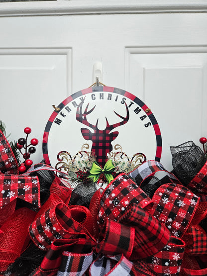 Red Buffalo Plaid Reindeer Wreath Door Hanger