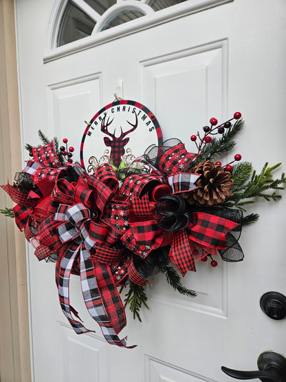 Red Buffalo Plaid Reindeer Wreath Door Hanger