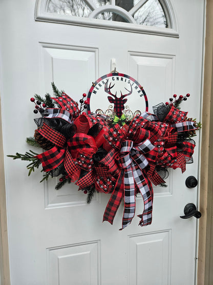 Red Buffalo Plaid Reindeer Wreath Door Hanger