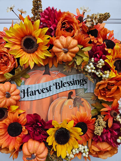 Harvest Blessings Fall Pumpkin Sunflower Wreath