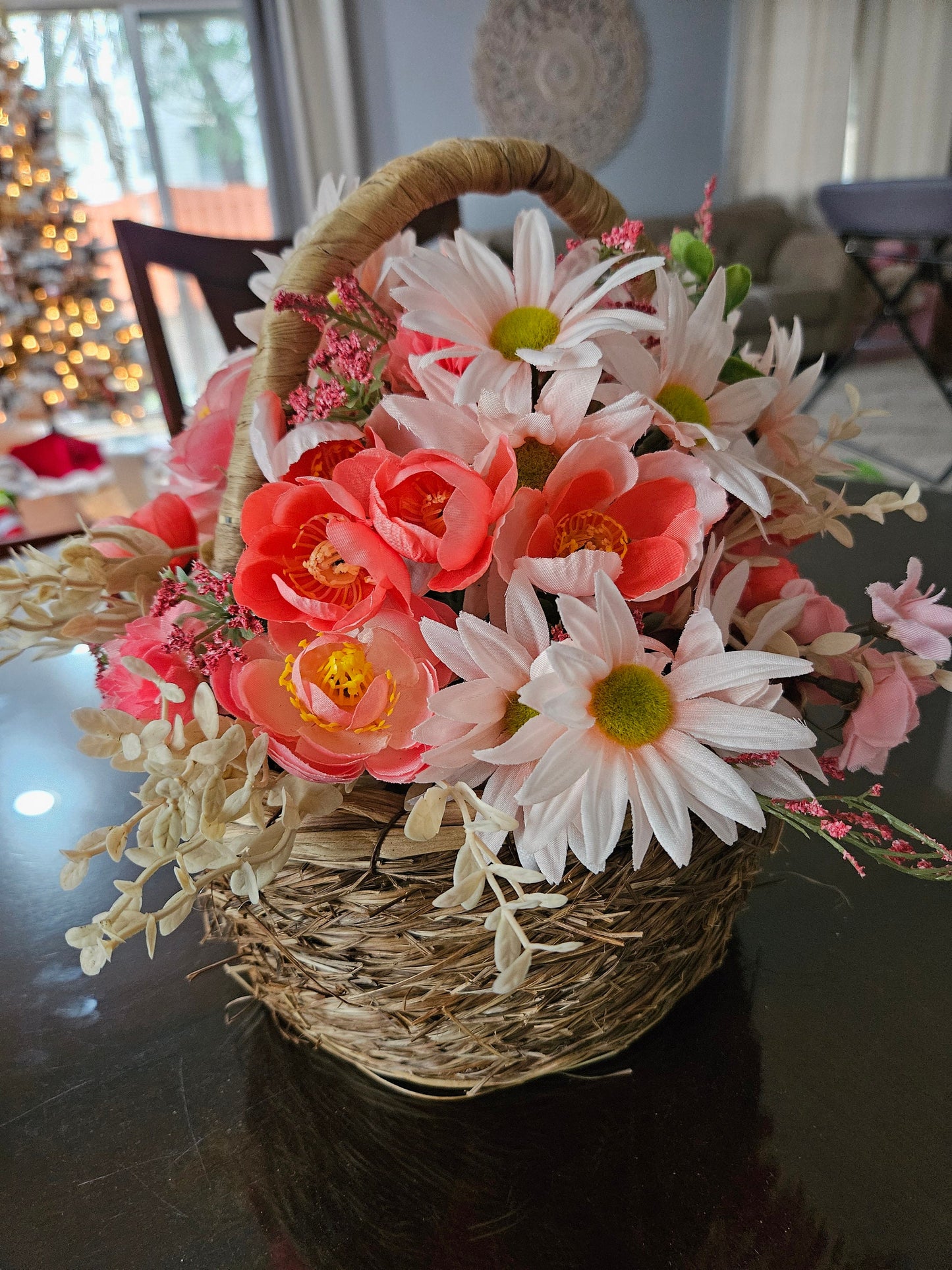 Pink Peach Faux Flower Basket