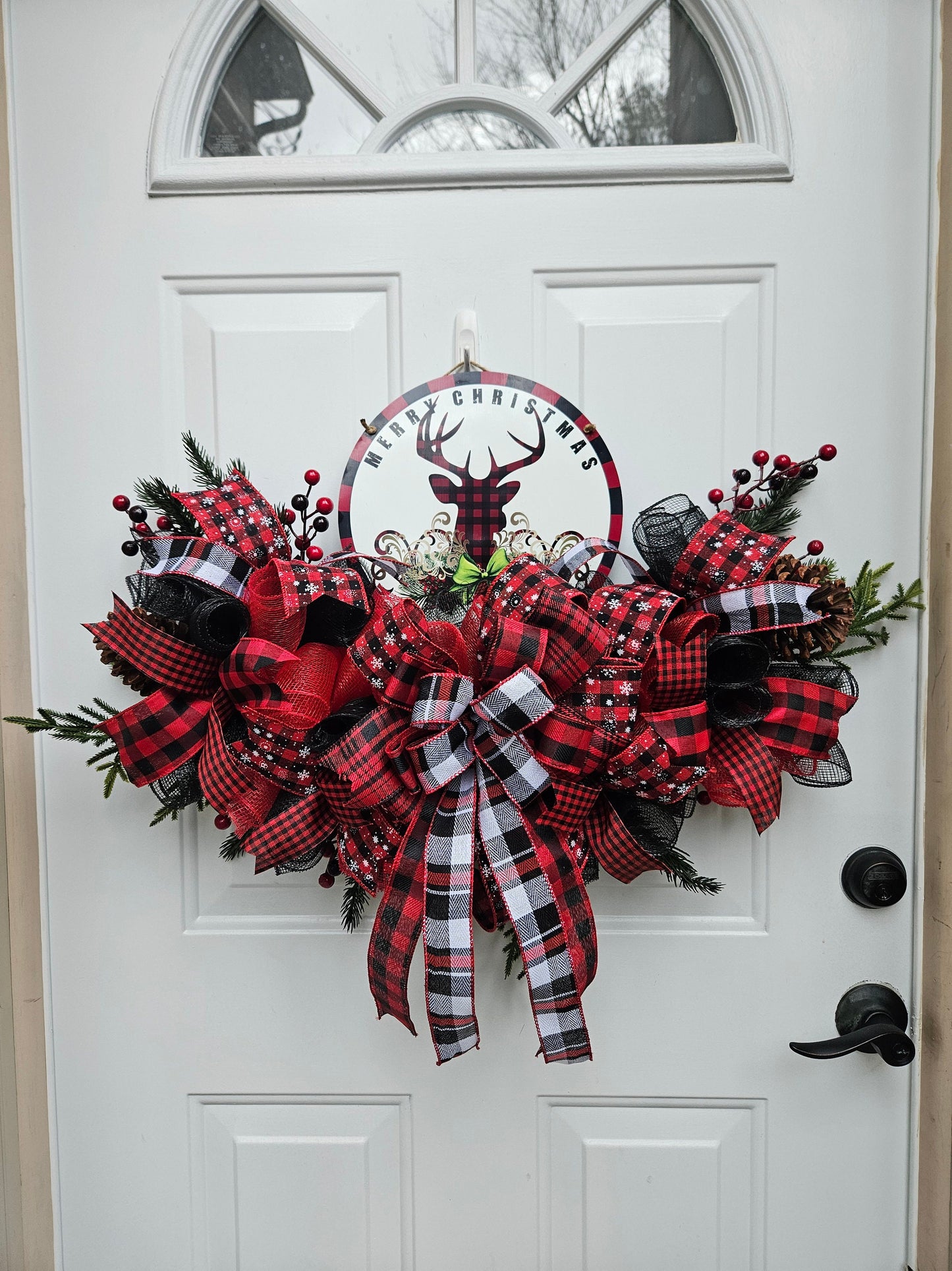 Red Buffalo Plaid Reindeer Wreath Door Hanger