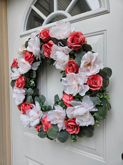 Coral Pink Faux Floral Wreath