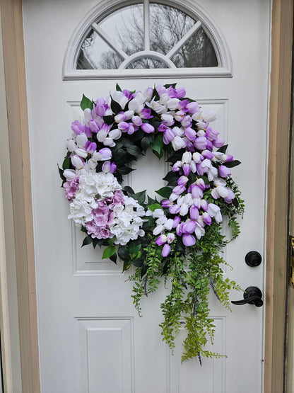 Lilac Purple and White Hydrangea and Tulip Wreath