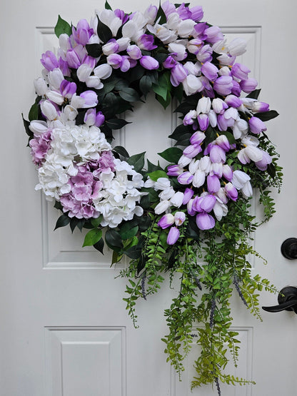 Lilac Purple and White Hydrangea and Tulip Wreath