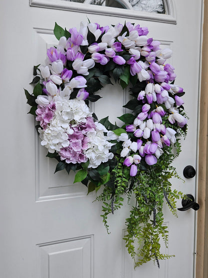 Lilac Purple and White Hydrangea and Tulip Wreath