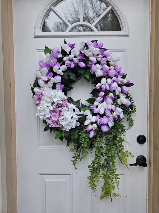 Lilac Purple and White Hydrangea and Tulip Wreath