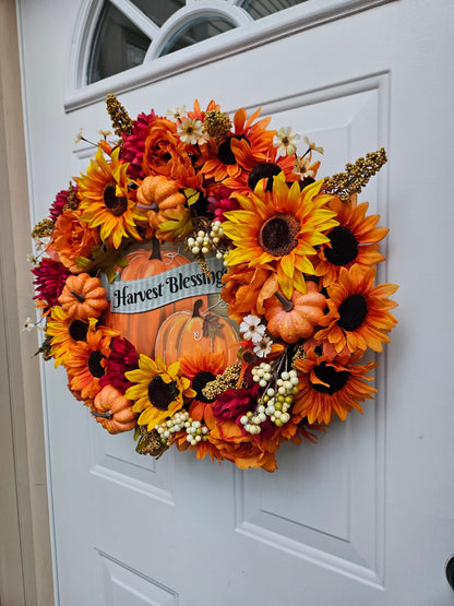 Harvest Blessings Fall Pumpkin Sunflower Wreath