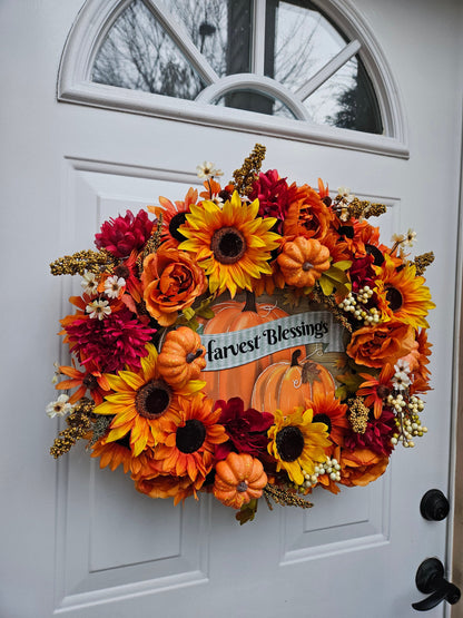 Harvest Blessings Fall Pumpkin Sunflower Wreath