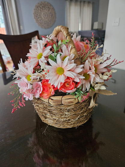 Pink Peach Faux Flower Basket