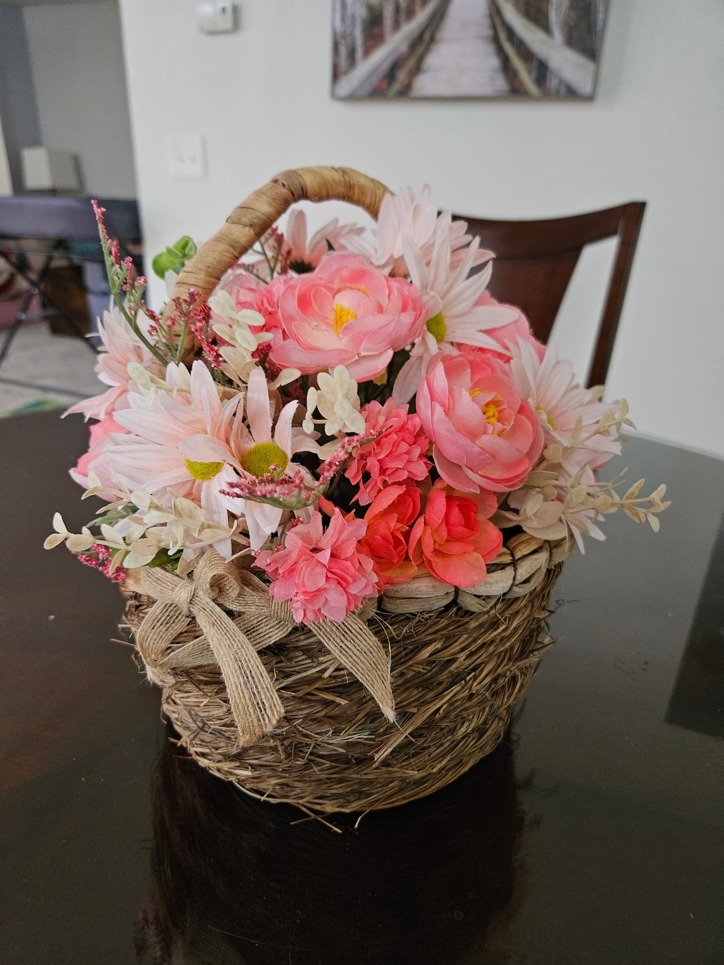 Pink Peach Faux Flower Basket