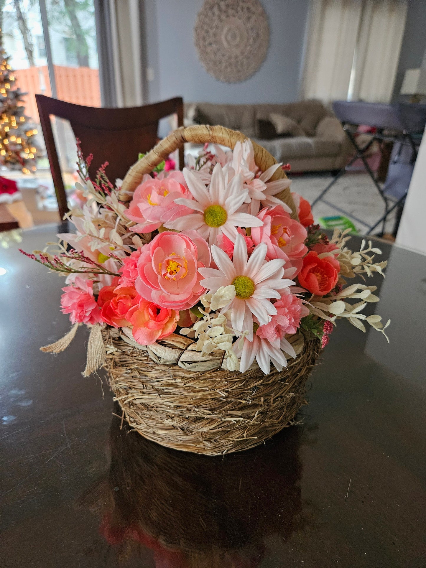 Pink Peach Faux Flower Basket
