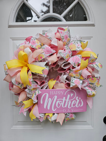 Mother's Day Floral Wreath, Spring Burlap Mesh Wreath