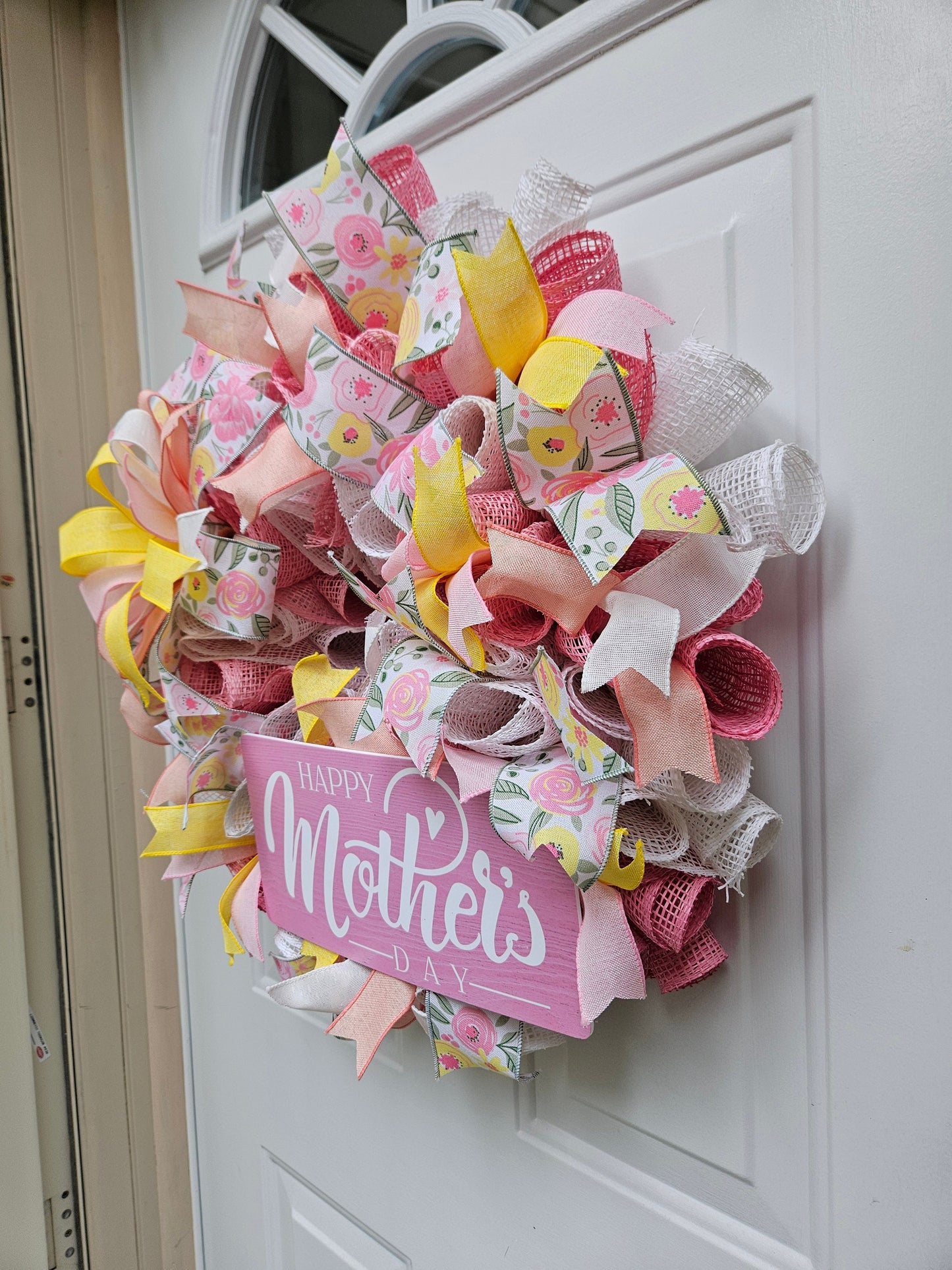 Mother's Day Floral Wreath, Spring Burlap Mesh Wreath