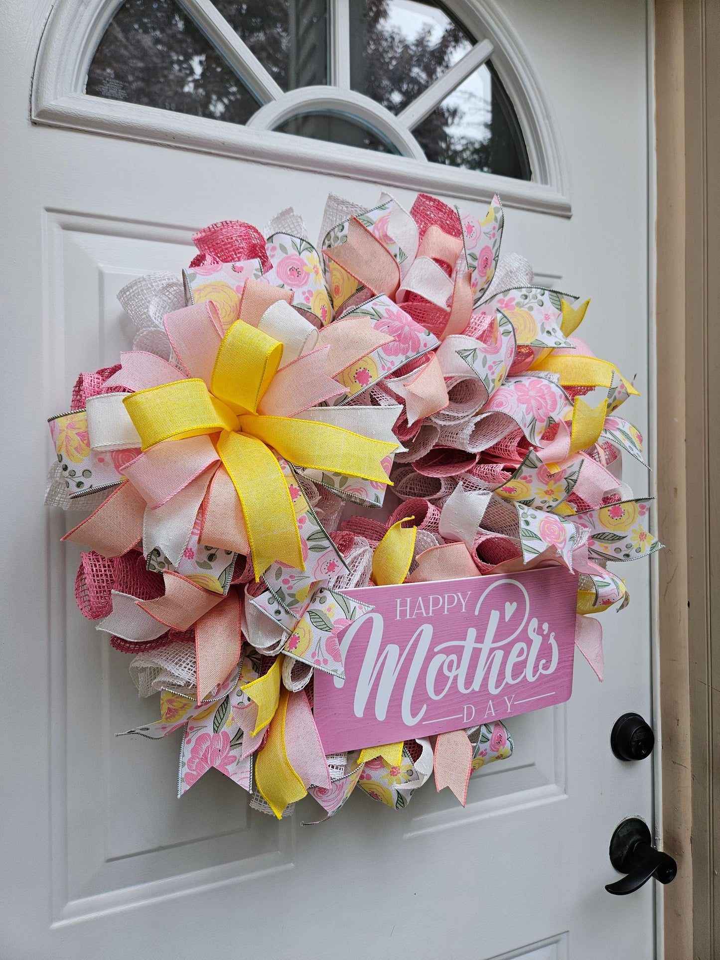 Mother's Day Floral Wreath, Spring Burlap Mesh Wreath