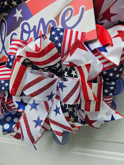 Patriotic Welcome Wreath, Fourth of July Wreath, 4th of July Wreath, Summer Wreath, Red White and Blue, American Flag