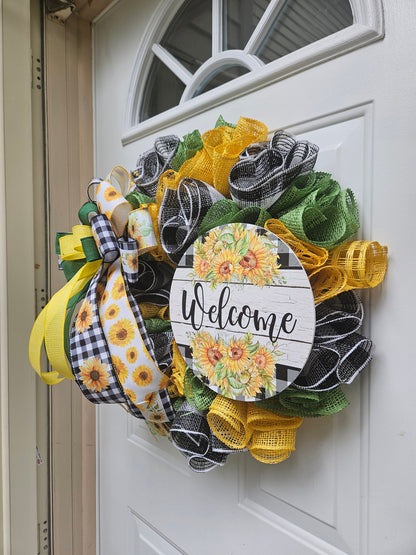 Farmhouse Fall Burlap Sunflower Welcome Wreath