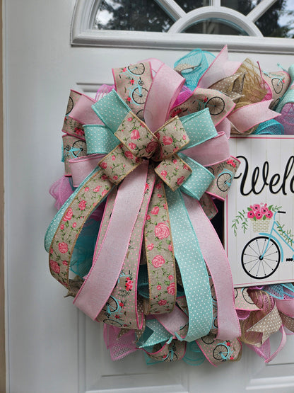 Welcome Wreath, Bike Wreath, Summer Wreath, Spring Wreath, Wreath for Front Door, Gift for Her