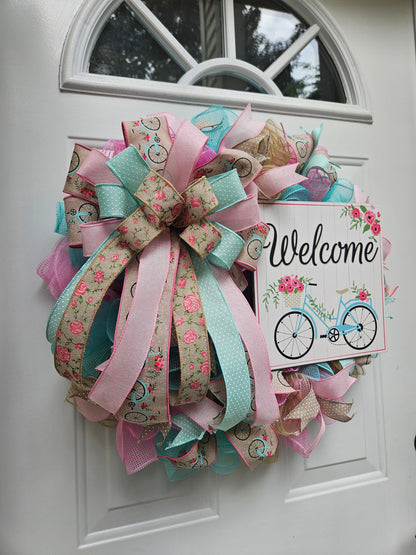 Welcome Wreath, Bike Wreath, Summer Wreath, Spring Wreath, Wreath for Front Door, Gift for Her