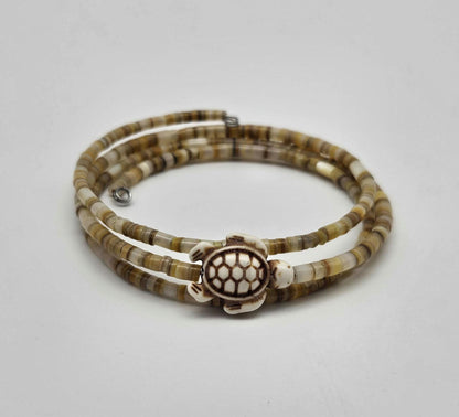 Sea Turtle Small Shell Bead Mother of Pearl Wrap Bracelet, Memory Wire Bracelet