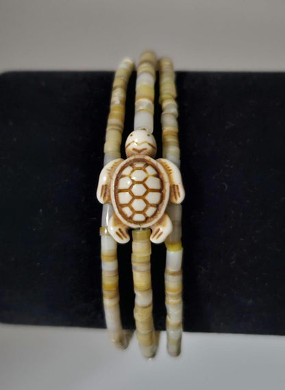 Sea Turtle Small Shell Bead Mother of Pearl Wrap Bracelet, Memory Wire Bracelet