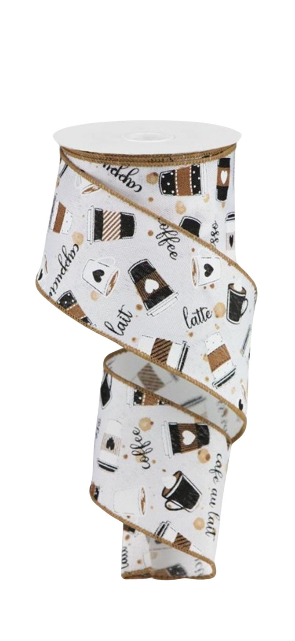 White Background Coffee Cup Print Wired Linen Ribbon 2 1/2"