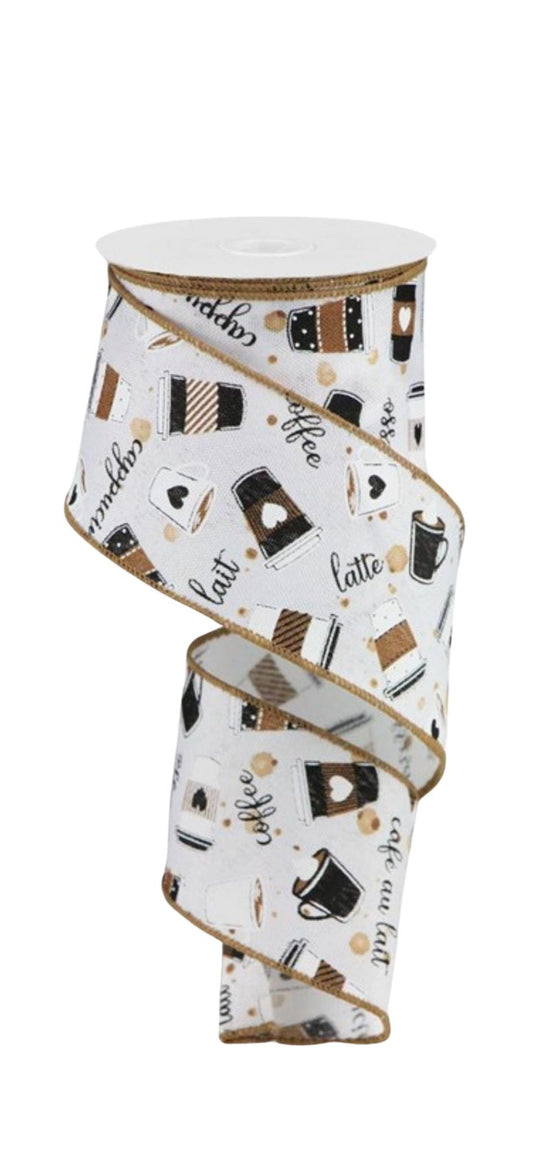 White Background Coffee Cup Print Wired Linen Ribbon 2 1/2"