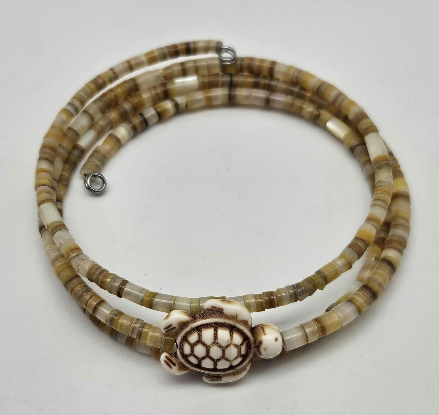 Sea Turtle Small Shell Bead Mother of Pearl Wrap Bracelet, Memory Wire Bracelet