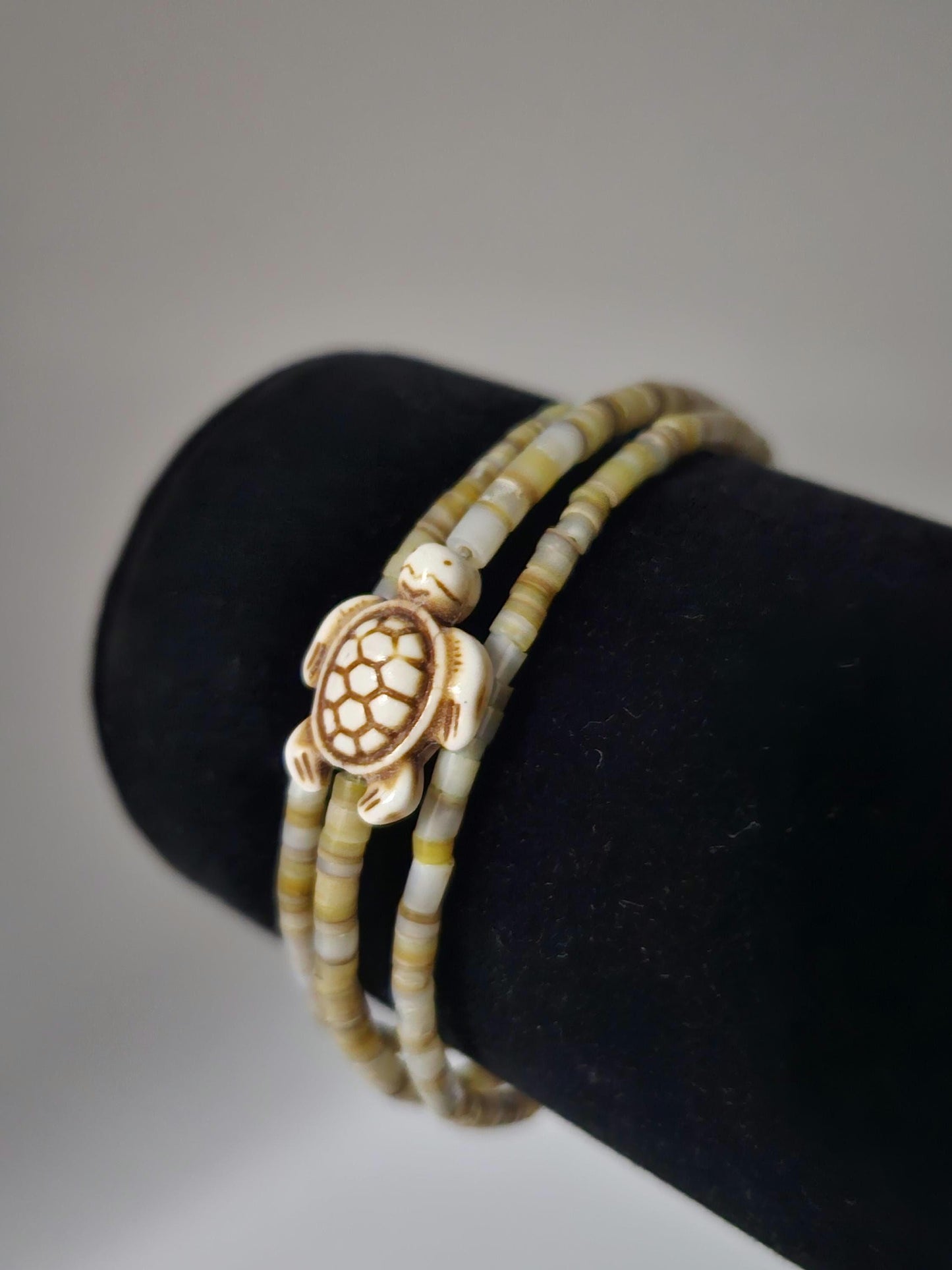 Sea Turtle Small Shell Bead Mother of Pearl Wrap Bracelet, Memory Wire Bracelet