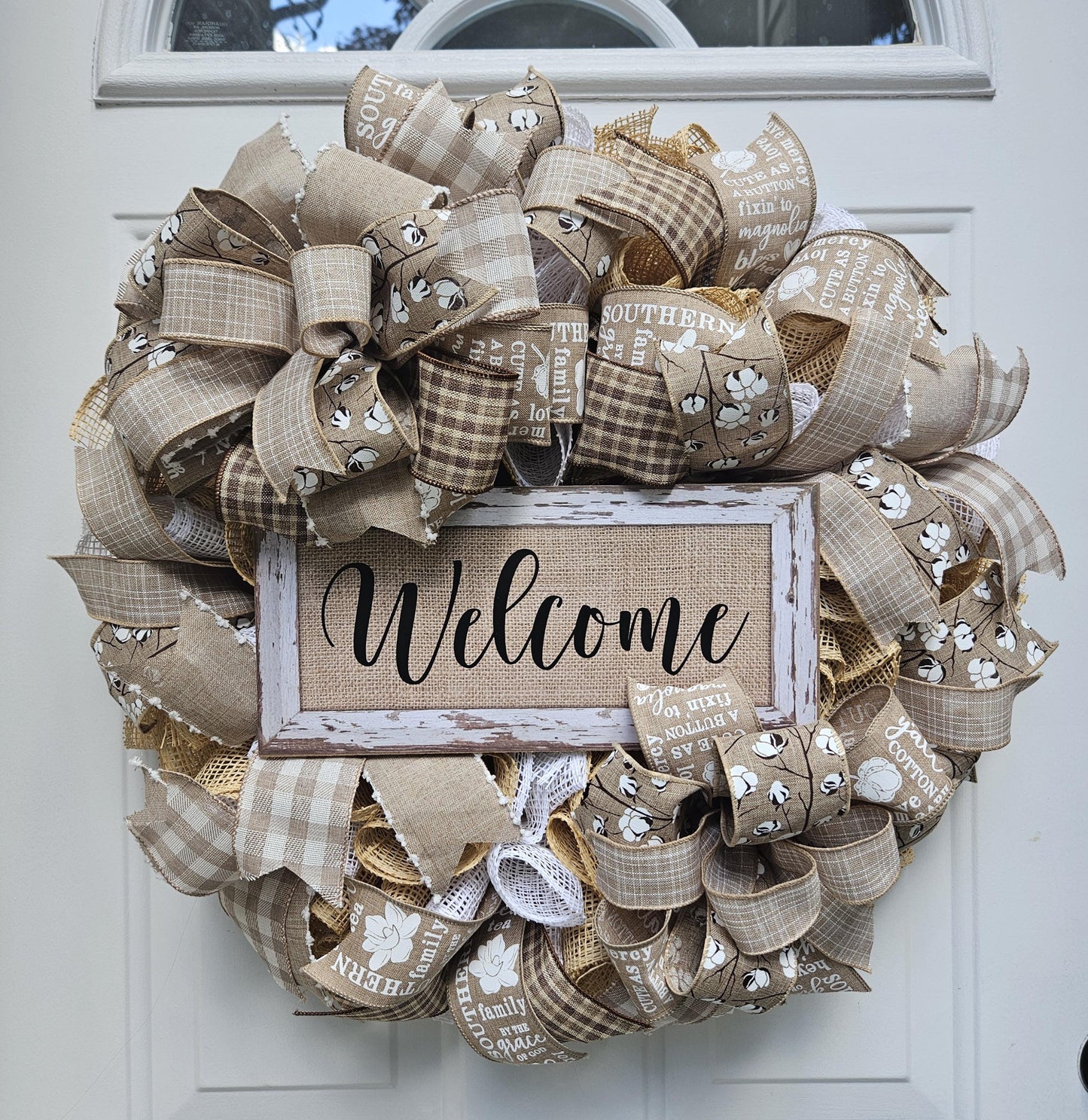 Tan and White Farmhouse Welcome Wreath, Country Wreath, Southern Wreath