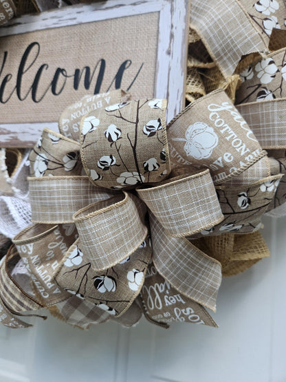 Tan and White Farmhouse Welcome Wreath, Country Wreath, Southern Wreath