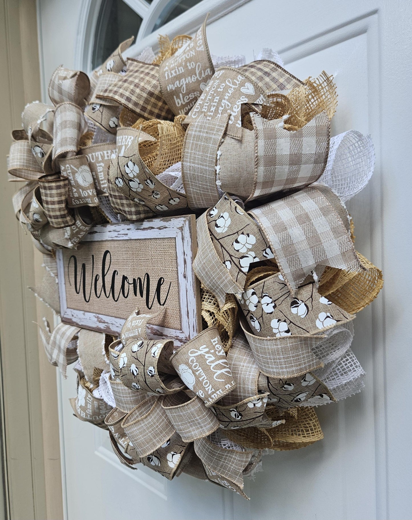 Tan and White Farmhouse Welcome Wreath, Country Wreath, Southern Wreath