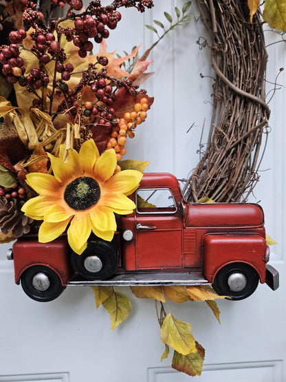 Large Oval Fall Faux Floral Wreath with Red Truck, Autumn Door Decor