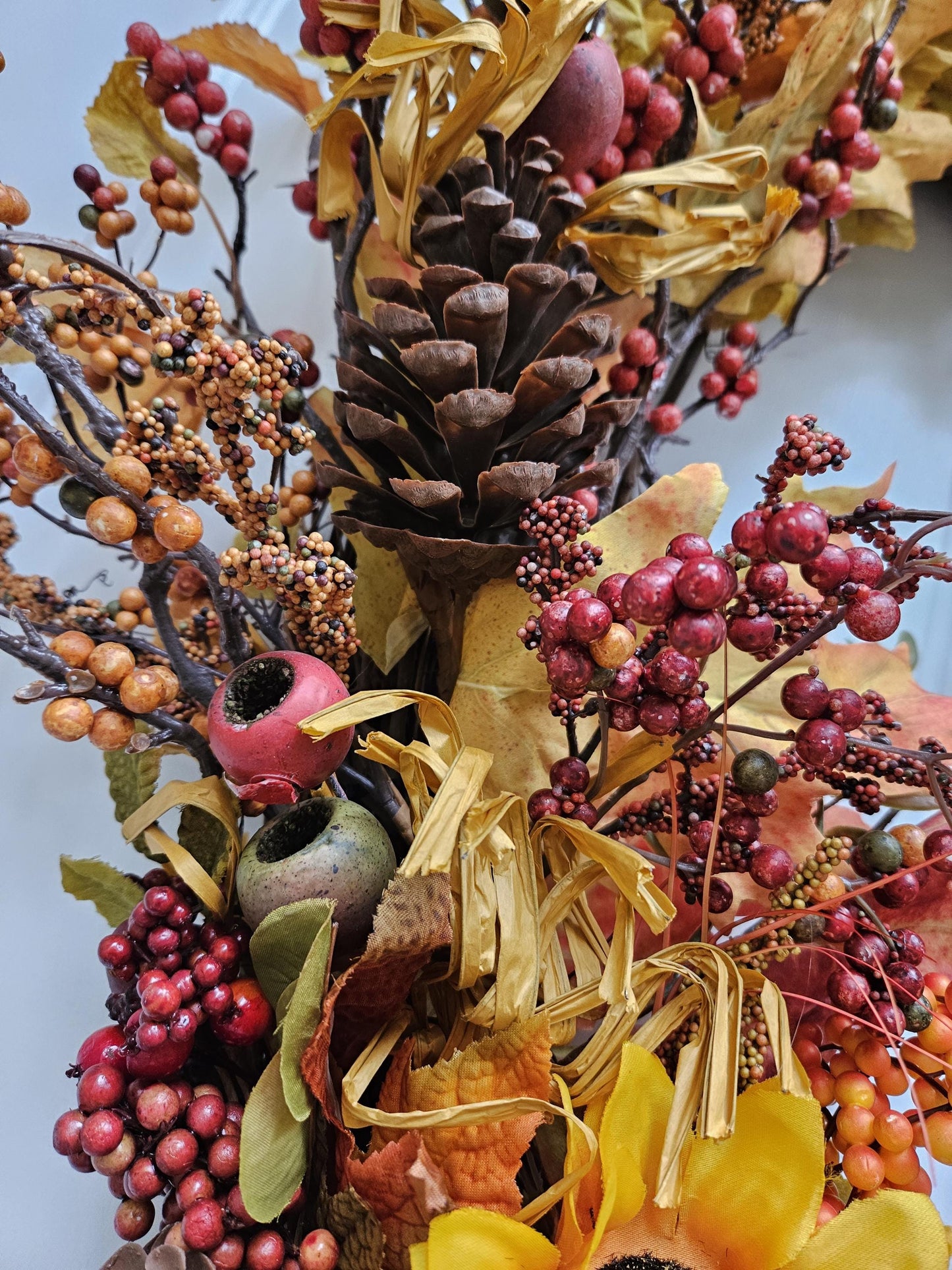 Large Oval Fall Faux Floral Wreath with Red Truck, Autumn Door Decor