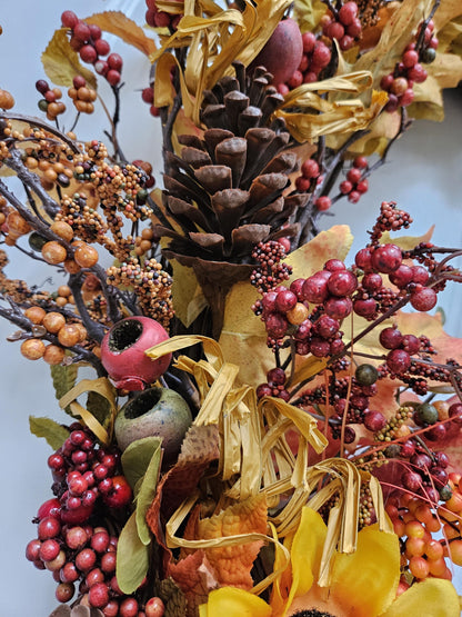 Large Oval Fall Faux Floral Wreath with Red Truck, Autumn Door Decor