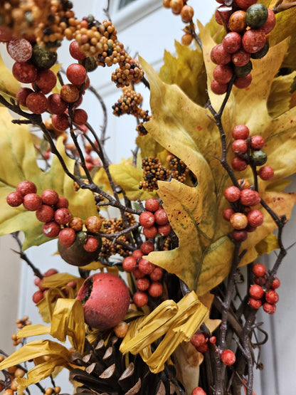 Large Oval Fall Faux Floral Wreath with Red Truck, Autumn Door Decor