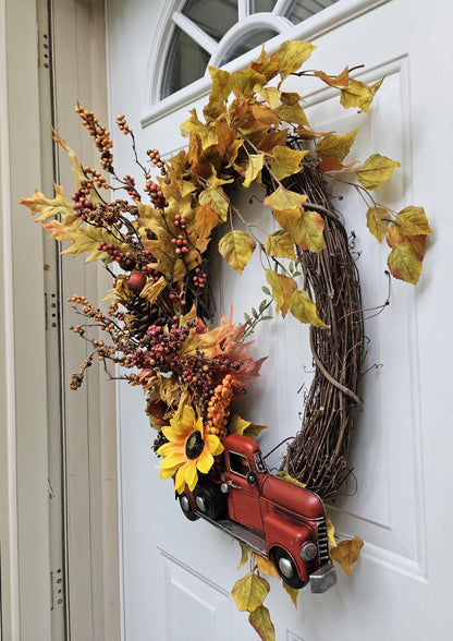 Large Oval Fall Faux Floral Wreath with Red Truck, Autumn Door Decor