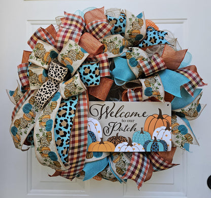 Welcome To Our Patch, Fall Wreath, Autumn Wreath, Cheetah Print