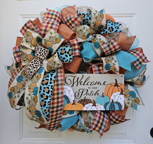 Welcome To Our Patch, Fall Wreath, Autumn Wreath, Cheetah Print