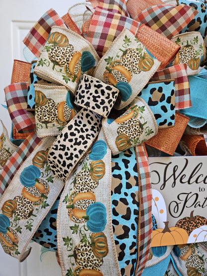 Welcome To Our Patch, Fall Wreath, Autumn Wreath, Cheetah Print